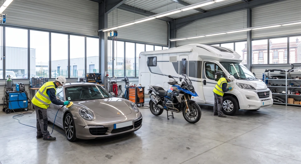 Intérieur d'un atelier de carrosserie professionnel montrant à la fois une automobile (berline premium type Porsche ou BMW), une motocyclette, et un camping-car blanc, tous stationnés ou en position de travail dans le même espace d'atelier bien éclairé avec sol en béton industriel, outils et équipements visibles. L'image doit transmettre la polyvalence et la capacité technique de l'atelier à traiter ces trois types de véhicules différents sous un même toit.